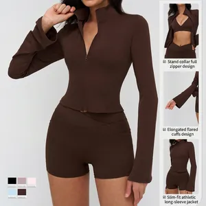 Women's slim fit yoga jacket with stand collar, zipper and flared sleeves for running