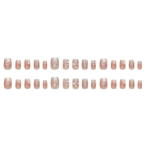 French cat-eye press-on nails with pink gradient, pearls, and 3D butterfly accents