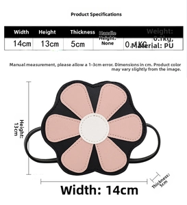 Detailed size specifications for cute PU flower mini bag: 14cm width by 13cm height