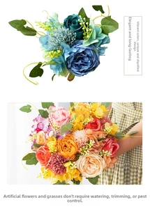 Detailed view of artificial peony and rose bouquet with realistic silk petals and leaves