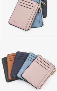 Litchi pattern leather card holders shown in pink, blue, navy, caramel and black