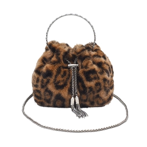 Trendy leopard print faux fur bucket bag with silver metal handle and chain strap