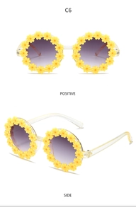 Front and side views of yellow daisy flower sunglasses with purple gradient lenses for kids