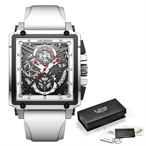 LIGE creative square quartz chronograph watch with white silicone strap and gift box set