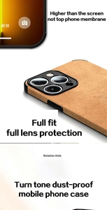 Detail of khaki suede iPhone case with lens protection and rotation dust-proof holes