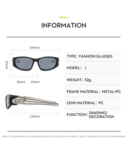 Detailed size chart for Y2K futuristic sunglasses with lens dimensions and frame measurements
