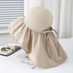 Women's foldable straw sun hat with large brim, neck protection, and a khaki bow knot