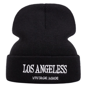 Classic black knitted beanie with Los Angeles vintage embroidery for winter fashion