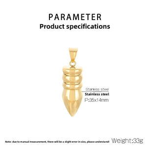 Technical detail of a 35x14mm gold bullet pendant made of durable stainless steel