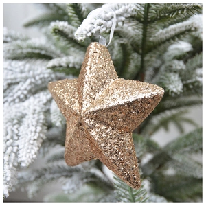 Close-up of a sparkling gold star Christmas ornament with sequins on a snowy pine branch