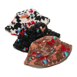 Plush winter bucket hats with bohemian geometric patterns and thick warm fleece material