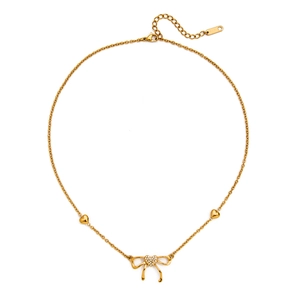 Golden stainless steel bow pendant necklace with crystals and small heart charms