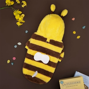 Detail view of plush bee pet hoodie showing soft texture, wings and leash D-ring