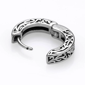 Vintage stainless steel hoop earrings with engraved floral scroll pattern and antique finish