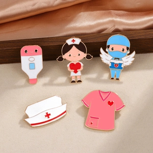 Five medical enamel pins set with stethoscope and nurse icons on silk background