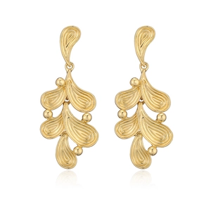 Elegant 18K gold-plated abstract wave leaf drop earrings with textured metallic finish