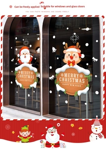 Detail of Christmas window stickers featuring Santa, reindeer, and festive greetings