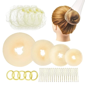 Hair styling tool set including beige foam bun makers, hair nets and gold U-shaped pins