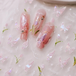 3D pink butterfly nail stickers with pearls and tulip patterns for manicure art