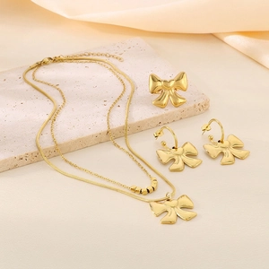 Jewelry Set Bowknot Heart Pendant Double Layer Snake Chain 18K Gold Plated Stainless Steel Elegant Style For Women