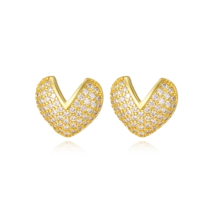 Elegant 18k gold plated heart stud earrings with sparkling pave-set cubic zirconia