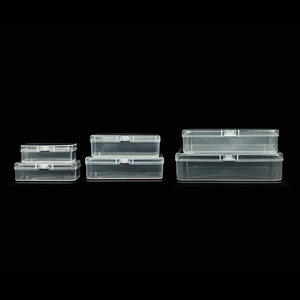 Clear plastic storage boxes in three sizes for hardware tools and parts organization