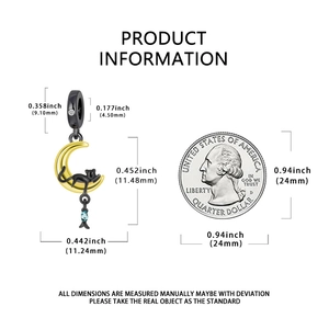 Detailed size chart of cat and moon charm next to a quarter dollar for scale