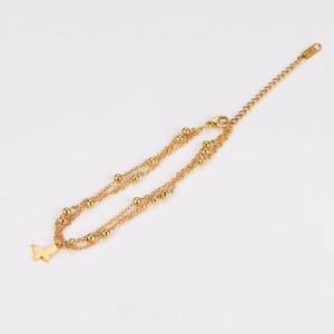 Dual-layer gold butterfly pendant bracelet with polished beads and k18 engraving