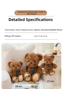Detailed size comparison of three brown teddy bears in 21cm, 28cm, and 42cm heights