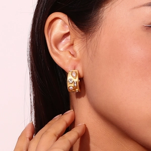 Vintage 18K gold plated stainless steel hoop earrings with pearls and zircons on model