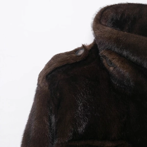 Deep brown faux fur coat for women with plush texture and button detail in a stylish look