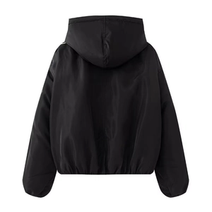 Women's black hooded cotton jacket with contrasting trim and long sleeves for winter