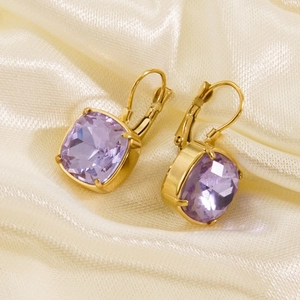 14k gold-plated stainless steel leverback earrings with square-cut lavender crystals