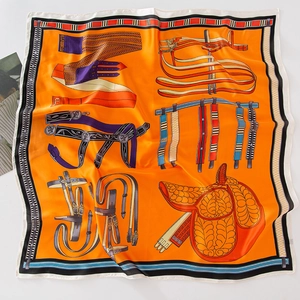 French vintage orange silk scarf with luxury horse harness chain print and plaid border