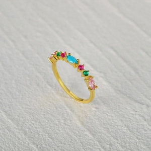 Luxurious S925 sterling silver ring with colorful marquise stones on a golden band