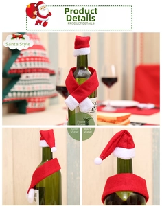 Three views showing front, side and back of Christmas mini hat and scarf wine bottle decor