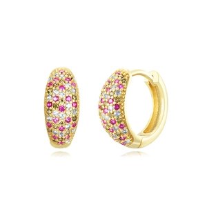 Detail of 18K gold-plated hoop earrings with pavé set pink and yellow zircons