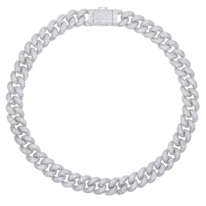 Macro shot of 15mm silver Cuban chain featuring sparkling full rhinestone pavé on white background