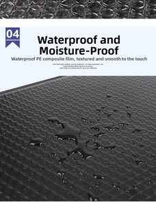 Macro shot of waterproof black PE composite film with droplets and embossed texture