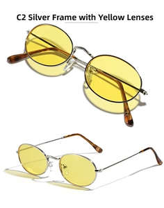 Detalle de gafas de sol ovaladas de metal plateado con lentes amarillas y puntas carey