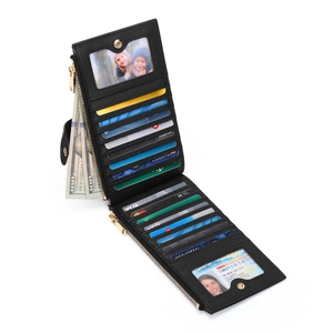 Large capacity black Saffiano leather wallet with multi-card slots and zipper phone pocket