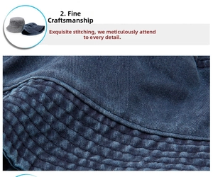 Detail of the multi-row white stitching on the brim of a navy blue denim bucket hat