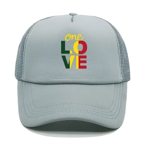 Detail of light blue trucker hat featuring one LOVE colorful print and mesh backing