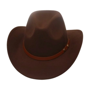 Detail of dark brown cowboy felt hat featuring a leather strap with gold metal studs