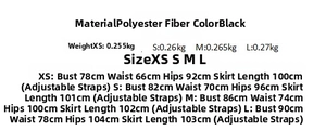 Detailed size chart for black slim fit chiffon dress showing measurements and adjustable straps