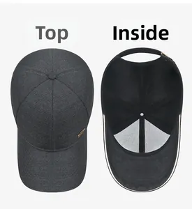 Detail view of top stitching and inner lining of a dark gray business baseball cap