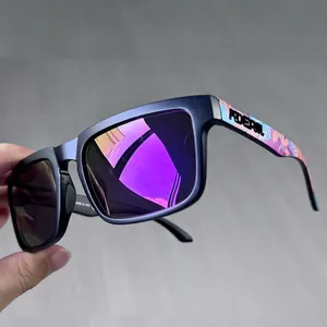 Detail of matte black square sunglasses with purple mirrored lenses and printed temples