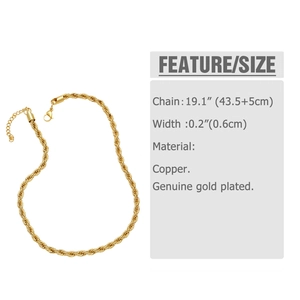 6mm 18k gold plated copper rope chain necklace with dimensions and lobster clasp details