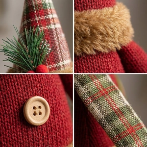 Handcrafted Christmas gnome dolls with red knit hats and festive plaid fabric details