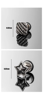 Close-up of geometric stainless steel studs featuring square texture and star designs